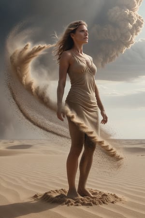 masterpiece, realistic, 1 woman standing on the edge of horizon , looking to viewer,  half body view,  ((this woman morphing to a lot sand particles)), same as Tornado,  Multiple Motion still.cinematic,  sci fiction art style,
 