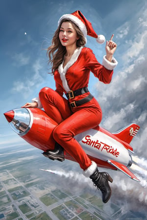 Masterpiece,.high reaolution, realistic, 1 girl. Beautiful, wear santa costume, ride red rocket., fly at sky, half body, rocketride,sll,PECaricature,dashataran
