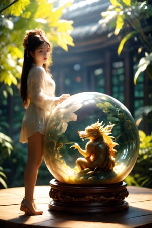 Nsfw , dragonyear in background, ((intricate details, hyperdetailed)),RAW, ,photorealistic,Hyper-realism,ambient occlusion,light defraction,depth of field,3D,hdr, 4k,raytracing,realistic shadow,volumetric light,bloom,(Large Tall sealed glass spherical biosphere with ((nakednbeauty girl)) , (girl miniature figure),girlninside spherical biosphere,sitting on a beautiful old polished wooden desk,simple white background,wood,brass,realistic glass,scattered adventurers gear,amber dim lighting,best quality,beautiful composition,concept art,masterpiece,intricate,octane render,award winning photograph,trending on artstation,unreal engine 5,original,dragon