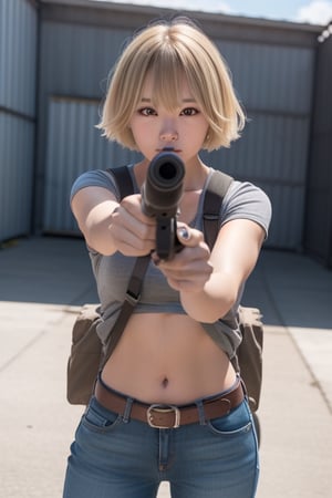 1girl, ((aiming at the viewer with a machine gun)), ((holding a handgun)), masterpiece, detailed shadows, detailed light, very detailed, best quality, HD, 4k, high quality, outdoor, background burning warehouse, cowboy shot, photography, professional lighting, ((decent looking gun),Japanese. Short Blonde Hair,aiming at viewer