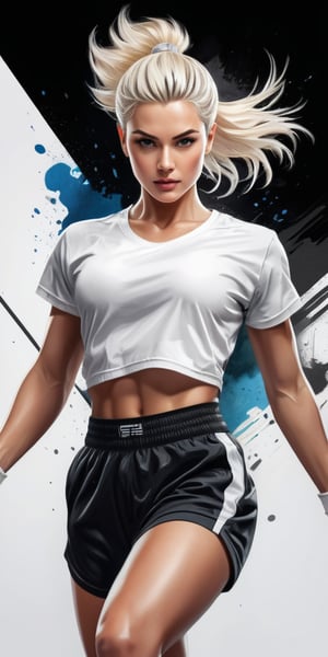 (masterpiece, high quality, 8K, high_res:1.3), splash art style, (straight view, from below:1.3),woman in the gym,beautiful, attractive, short platinum blonde hair, slicked back hair with a strand falling out, ((provacatively draped white t-shirt)), sport breeches, boxing shoes, sport drama embience, inspiring and elegant, dark black soft palette, very detailed, character cover,
(ink lines and watercolor wash),Vector illustration,Illustration,Flat vector art,skpleonardostyle,Leonardo Style,fflixmj6