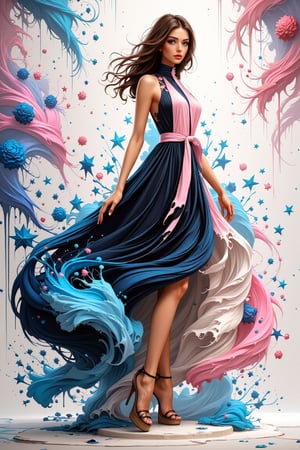 1girl, beautiful, half body view, ink bubbles in background, she dances in a sea of inky stars, looking at viewer, dynamic pose, ink rain, stunning image, ink smoke, digital art, professional style, ((masterpiece quality)), ink droplets, attractive image. Ink art style.,