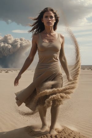 masterpiece, realistic, 1 woman standing on the edge of horizon , looking to viewer,  half body view,  ((this woman morphing to a lot sand particles)), same as Tornado,  Multiple Motion still.cinematic,  sci fiction art style,
 