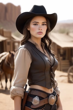 Create a [realistic] [4k] [monochrome] , [high contrast], [photography] that captures the essence of the [wild west], featuring a [masterpiece] that depicts a [cowboy] scene. The photo should be of [exquisite quality], with [specular reflection], [subsurface scattering], [diffuse reflection], [backlight], [soft light]. The image should prominently feature a [single], [extremely beautiful], [young] [woman], who is a [outlaw] and [bandit] with [alluring gaze]. She stands in an [old west] [dusty] town. The woman is dressed in typical cowboy attire, wearing a [poncho] or [black coat], pants with [chaps], [cowboy boots], and a [realistic] [cowboy hat] with [revolvers] in her [holsters], which complement her [natural] beauty and [cowboy] charm. Her [tanned face] is [flushed], [blushed] with [dense delicate freckles] should have [detailed contours] and a [heart-shaped] structure with [delicately proportioned features] and [high cheekbones]. Her [full, pouty lips] should be slightly parted, and her small, narrow nose should add to her charm. Her [detailed eyes] should be enhanced with [black eyeliner] and [black smudged eyeshadow], which beautifully frame her [natural] beauty. In the photo, the woman's skin should be [sweaty], [glossy], and radiant, while her [messy] hair should add to the [natural] appeal of the image. The [wild west] setting should be emphasized, with a [high level of detail] in the [realistic] and [natural] scenery. The [dusty town] should be placed in the background, enhancing the overall [wild west] vibe of the photo. The overall theme of the photograph should be [realistic], [half body] , [natural], and [wild west] in style, highlighting the beauty of the [old west].aim gun, aim pistol, ,gunatyou