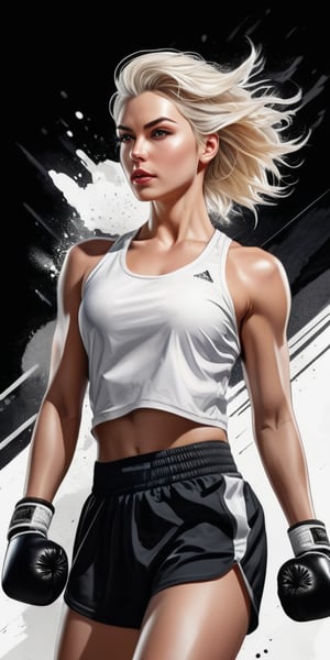 (masterpiece, high quality, 8K, high_res:1.3), splash art style, (straight view, from below:1.3),woman in the gym,beautiful, attractive, short platinum blonde hair, slicked back hair with a strand falling out, ((provacatively draped white t-shirt)), sport breeches, boxing shoes, sport drama embience, inspiring and elegant, dark black soft palette, very detailed, character cover,
(ink lines and watercolor wash),Vector illustration,Illustration,Flat vector art,skpleonardostyle,Leonardo Style,fflixmj6