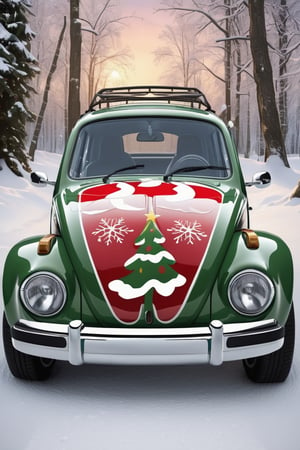 ((A graphics design airbrushed paintjob on the HOOD of a Volkswagen)),  a showcases Christmas Theme Design highly detailed with fantastic 8k sharp focus quality surroundings, and without any deformity or multiple body parts,c_car,christmas, full.body view, 