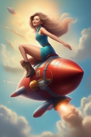 One lady, beautiful, riding on a rocket. At sky.