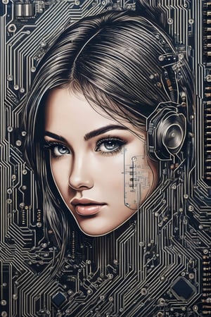 Masterpiece, realistic, circuit diagram art, girl drawn with a circuit diagram,circuit board, circuit board cpu, resistor, chip, LSI,DonMC1rcu17Pl4nXL