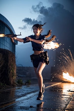  Masterpiece, realisric, 1 girl, beautiful, smile, running, explosions, ak, holding ak, (acclaimed, alluring, captivating, exciting, gorgeous, striking), (highly detailed, high quality),gun