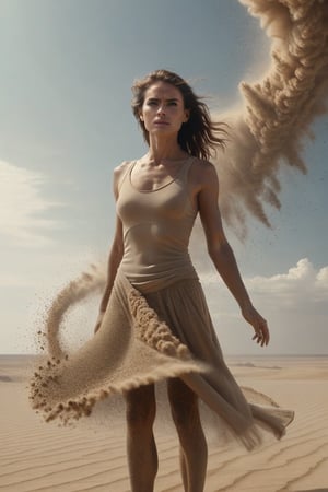 masterpiece, realistic, 1 woman standing on the edge of horizon , looking to viewer,  half body view,  ((this woman morphing to a lot sand particles)), same as Tornado,  Multiple Motion still.cinematic,  sci fiction art style,
 