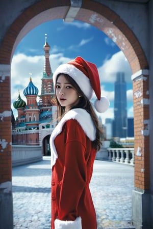 Masterpiece , high resolution, realistic, object ,1 santa girl, (( wear santa hat )), ((half body)) ,standing front  of building, view to me,  background,arch, architecture, blue_sky, bridge, building, castle, chimney, city, cityscape, clock_tower, cloud, day, east_asian_architecture, fantasy, gate, house, no_humans, outdoors, pagoda, railing, scenery, sky, skyscraper, stairs, tower, tree,dashataran