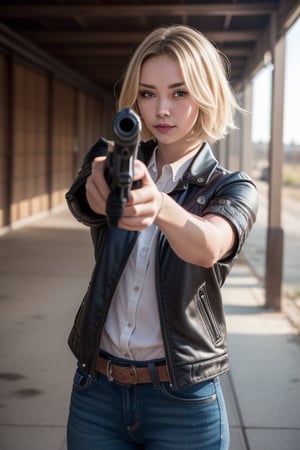1girl, ((aiming at the viewer with a gun)), pistol, ((holding a handgun)), masterpiece, detailed shadows, detailed light, very detailed, best quality, HD, 4k, high quality, outdoor, background burning warehouse, cowboy shot, photography, professional lighting, ((decent looking gun),Japanese. Short Blonde Hair,russian_girl,aiming at viewer