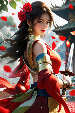 Realistic, (masterpiece), (Best Quality), Photorealism, Realistic, (1girl in), Solo,Thai、Traditional Thai costumes、Fight with the sword、red roses petals flutter in large quantities, ,weapon over shoulder