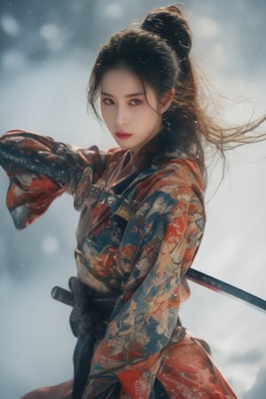  1girl,Sweet,, ,full body ,big breasts,The background is winter,snowy garden,1 girl,beautiful girl,Female Samurai, Holding a Japanese Sword, shining bracelet,beautiful hanfu(white, transparent),cape, solo, {beautiful and detailed eyes}, calm expression, natural and soft light, delicate facial features, small earrings, ((model pose)), Glamor body type, (gloden hair:1.2), beehive,long ponytail,very_long_hair, hair past hip, curly hair, flim grain, realhands, masterpiece, Best Quality, photorealistic, ultra-detailed, finely detailed, high resolution, perfect dynamic composition, beautiful detailed eyes, eye smile, ((nervous and embarrassed)), sharp-focus, full_body, sexy pose,cowboy_shot,Samurai girl,glowing forehead,lighting, Japanese Samurai Sword (Katana),girl,  xuer ai yazawa style girl