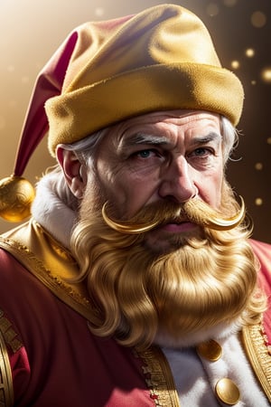 Masterpiece , high resolution, realistic,  foto do Papai Noel , arstation, digital art, face detail, full body, wear golden santa costume, wear full gold santa hat, hair color gold, long mustache gold color ,beard  gold color, eyelashes gold color, bring a lot golden coin,edgGolden,