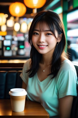 A beautiful young Japanese woman is sitting on the sofa seat of empty cafeteria , at tabel one  cup of hot latte. This woman's skin is quite tanned and covered with sweat,masterpiece,best quality,ultra detailed face,ultra detailed,4k,green eyes,green_eyes,Glow,Face,Neon