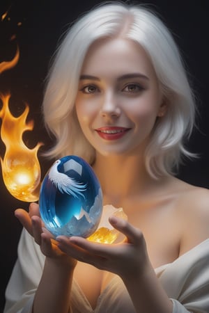 Masterpiece, realistic, high resolution, (absurdes,  high, ultradetailed), ((A  girl)), a 1girl, High Stability, ((white colored hair)), pubic tattoo, (Holds a magic egg  in his hands:1.6).((one  fire  phoenix flies out from broken crystal egg )),  (broken and half destroyed crystal egg:1.6), portraiture of a girl  looking a viewer, solo, (full length: 0.6), dynamicpose, Detailed background, Madness in the eyes, floating in the air,   