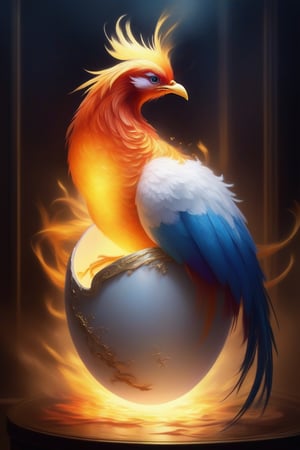 Masterpiece, realistic, (one born chinese phoenix inside translucent egg),  (white smoke around bird), full body ,stunning beauty, hyper-realistic oil painting, vibrant colors, dark chiarascuro lighting, a telephoto shot, 1000mm lens, f2,8,Vogue,more detail,,Digital painting ,Bird