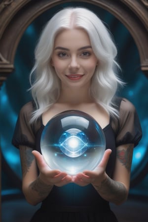 Masterpiece, realistic, high resolution, (absurdes, ah high, ultradetailed), ((A  girl)), a 1girl, High Stability, ((white colored hair)), pubic tattoo, ((Holds a magic sphere in his hands:1.6)). portraiture of a girl  looking a viewer, solo, (full length: 0.6), dynamicpose, Detailed background, Madness in the eyes, floating in the air,  sit on magical crystal egg,