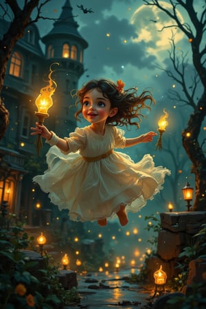 masterpiece, high resolution, A whimsical scene unfolds as a joyful girls flying and floating  with translucent smoky flying candle,   backdrop of a haunted house at night. Soft, golden lighting illuminates the atmosphere, casting an otherworldly glow on the transparent specters floating around. (Detailed face and eyes), detailed body