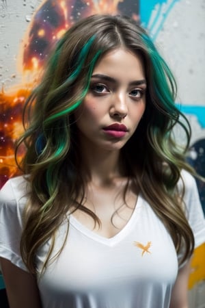 Masterpiece, realistic, nsfw, cosmic canvas, lightning hair galaxy background, painting of a woman, (wear white shirt with phoenix image in color graffii style painting), medium breast, Layered haircut, long hair, green gold hair,graffitiStyle