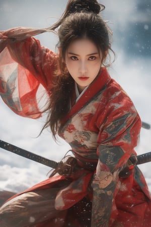  1girl,Sweet,, ,full body ,big breasts,The background is winter,snowy garden,1 girl,beautiful girl,Female Samurai, Holding a Japanese Sword, shining bracelet,beautiful hanfu(white, transparent),cape, solo, {beautiful and detailed eyes}, calm expression, natural and soft light, delicate facial features, small earrings, ((model pose)), Glamor body type, (gloden hair:1.2), beehive,long ponytail,very_long_hair, hair past hip, curly hair, flim grain, realhands, masterpiece, Best Quality, photorealistic, ultra-detailed, finely detailed, high resolution, perfect dynamic composition, beautiful detailed eyes, eye smile, ((nervous and embarrassed)), sharp-focus, full_body, sexy pose,cowboy_shot,Samurai girl,glowing forehead,lighting, Japanese Samurai Sword (Katana),girl,  xuer ai yazawa style girl,holding a sword