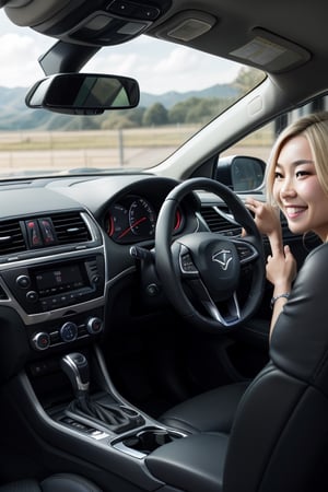 One japanese lady,  sitting in the seat with her hands on the steering wheel, vemos ela de perfil, as if the camera were in the passenger seat, She's driving in countryroad, full body view , she look to viewer , smiling,Japanese. Short Blonde Hair