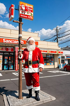 masterpiece, best quality, ultra-detailed, object : ((1 santa claus , wear santa costume, stand at front of store.)), 
Background : secoma, konbini, scenery, storefront, japan, scenery, outdoors, sky, cloud, day, shop, blue sky, tree, convenience store, road, sign, power lines, building, cloudy sky, utility pole, real world location, lamppost ,Stylish,text : sanMarts