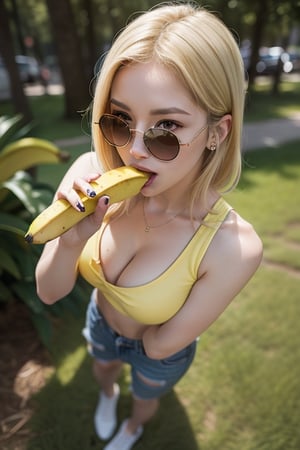 cleavage, woman, from_above, crop top, detailed face, yellow bodycon tank top, blonde hair, park, sky, trees, pale skin, moonlight, stars, 1girl, full body, statement sunglasses, woman, busty, petite, vivid colors, bokeh background, subject for emphasis,dramatic colors, dynamic angles, (holding a banana), ((sucking the banong banana