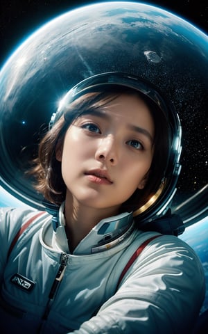 Realistic high resolution low angle view photography of 1girl wearing space suit, helmet, floating in the air, full_body, in outer space,
break, 
1 girl, Exquisitely perfect symmetric very gorgeous face, Exquisite delicate crystal clear skin, Detailed beautiful delicate eyes, perfect slim body shape, slender and beautiful fingers, legs, perfect hands, legs, illuminated by film grain, realistic style, realistic skin texture, dramatic lighting, soft lighting, exaggerated perspective of ((Wide-angle lens depth)),Fantasy,Galaxy,