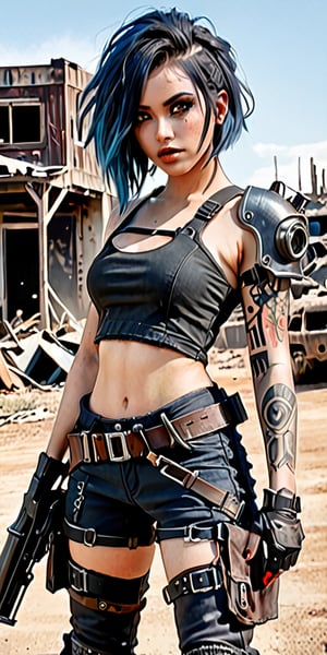 (score_9, score_8_up, score_7_up), 1girl, solo, looking at viewer, medium hair, bare shoulders, (black hair, blue hair, two-tone hair), graphic line tattoos, hazel eyes, full pouty lips, red makeup, wasteland city background, medium breasts,sexy mad max style, post apocalyptic style, dieselpunk look, dieselpunk setting, dieselpunk soldier girl, wearing techwear and armor, welder's, wrench, Cyberpunk costumes, post_apocalyptic-style outfit, detailed clothes, revealing clothes, looking at viewer, depth_of_field, amy,holding weapon, handgun, holding gun, aiming at viewer, finger on trigger,cpfmask_xl-smple