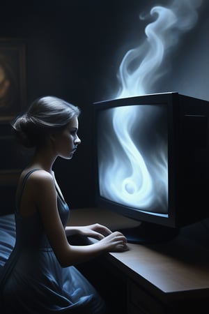 A masterpiece in the surreal horror raw photography special effects style. In a very dark room that may be a well lived-in bed room, the image is a medium close-up shot showing the side view of a young woman facing a flat screen computer monitor with one hand on a computer keyboard and the other hand on a computer mouse. The shapely beautiful woman is dressed comfortably in a silk slip suggesting she had probably intended to sleep soon. The room is almost pitch black like in a suspenseful horror movie, with only glowing light coming from the monitor and the woman's soul being sucked from her face into the monitor. The person is highly detailed and realistic with a little film grain, except for the face, which is completely blurred and warped, the face seem to be stretched and twisted into a whirlpool  that rushes towards and into monitor like a smoky ghostly colorful  coalescing and vibrating rushing stream of energy.  This gives a horrific impression of the person's soul in the form of the stream of ghostly fantastic prismatic chaos of colors representing all the complexities and contradictions of the woman's soul being sucked into the monitor. The glow of the monitor and the colorful ghostly soul being sucked into the monitor casts a glow upon the room with light that is reflected on the wall and miscellaneous objects that can be expected in the bedroom of a young woman, giving a frightening haunting yet magical atmosphere. absrudres, award winning photography, special effects of a block blaster major movie, incredibly detailed showing that this is a real world room and person.. 
White smoke everywhere in room, 
correct anatomy, 2 legs, 2 hands, 2 arms, 4 fingers and 1 thumb on each hand, no extra legs, no extra hands, no extra arms.