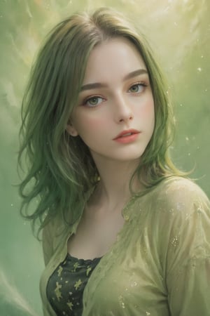 cosmic canvas, hazard hair galaxy background, painting of a woman,half open Blouse, Layered haircut, long hair, green gold hair, ,dashataran