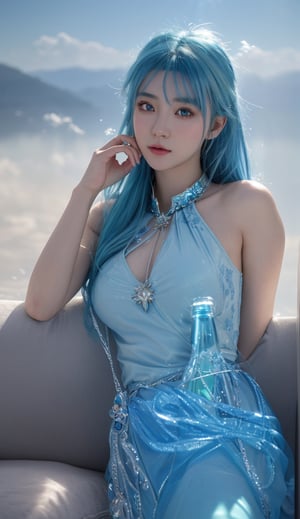 Masterpiece, realistic, (best quality), dreamlikeart 1 lady , 25 yo, beautiful,  
girl has blue hair and cute outfit,  magical girlnin a bottle, realism,  lady is looking at photographer, hyperdetailed photorealism, lifelike high res sharp focus contrast!! intricate detailed atmospheric light refraction lighting unreal engine , cinematic, light shafts,Bottle