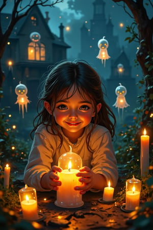 masterpiece, high resolution, A whimsical scene unfolds as a joyful girls plays with translucent smoky flying candle,   backdrop of a haunted house at night. Soft, golden lighting illuminates the atmosphere, casting an otherworldly glow on the transparent specters floating around. (Detailed face and eyes), detailed body