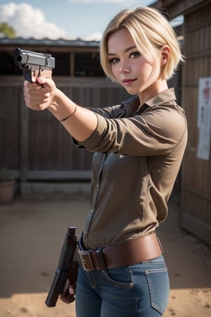 1girl, ((aiming at the viewer with a gun)), pistol, ((holding a handgun)), masterpiece, detailed shadows, detailed light, very detailed, best quality, HD, 4k, high quality, outdoor, station, cowboy shot, photography, professional lighting, ((decent looking gun),Japanese. Short Blonde Hair