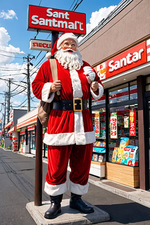 masterpiece, best quality, ultra-detailed, object : ((1 santa claus , wear santa costume, stand at front of store.)), 
Background : secoma, konbini, scenery, storefront, japan, scenery, outdoors, sky, cloud, day, shop, blue sky, tree, convenience store, road, sign, power lines, building, cloudy sky, utility pole, real world location, lamppost ,Stylish,text : santa store.