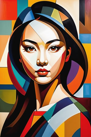 portrait of the face of a asian young woman, oil painting, cubist style, colorful abstract background, mixed technique, hyperrealistic touch of color, very detailed, colorful and abstract, pictorial work of art, a lot of dynamics in the details, extremely detailed,Cubist artwork 