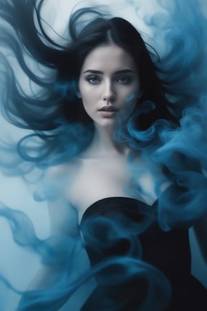 Masterpiece, realistic,nsfw, photography, a beautiful woman with dark hair in black and white is surrounded by light blue ink that flows like smoke. no clothes, no bra, She has her head tilted back as she floats underwater, creating an ethereal atmosphere. Her face reflects intense emotions of pain or sadness, adding to his mysterious allure. Open eyes.
