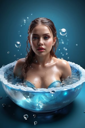 Masterpiece, realstic, a beautiful girl in a bowl of water with water bubbles, full body, 3 d illustration, depicted as a 3 d render, stuck, trend on behance 3d art, trend on behance 3 d art, water manipulation photoshop, 