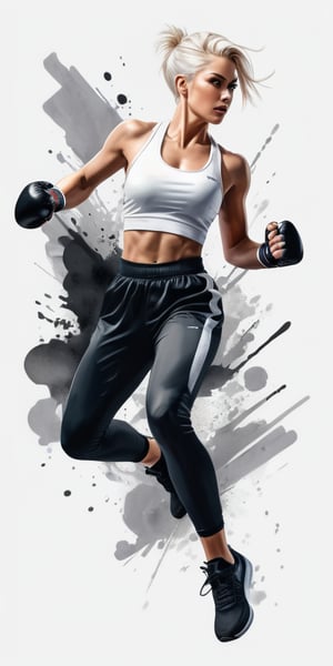 (masterpiece, high quality, 8K, high_res:1.3), splash art style, (straight view, from below:1.3),woman in the gym,beautiful, attractive, short platinum blonde hair, slicked back hair with a strand falling out, ((provacatively draped white t-shirt)), sport breeches, boxing shoes, sport drama embience, inspiring and elegant, dark black soft palette, very detailed, character cover,
(ink lines and watercolor wash),Vector illustration,Illustration,Flat vector art,skpleonardostyle,Leonardo Style,fflixmj6