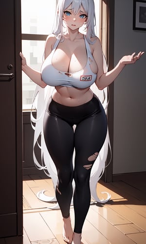 (erotic) masterpiece, best quality, ultra-detailed, illustration,(1girl), standing_up, beautiful detailed skyblue eyes, white long hair, huge breasts, torn tank top++, torn yoga pants++, arousal, sweating body, breast fondle, full body