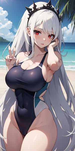 Realistic, expressive beautiful face, detailed red eyes, peace pose, long strong white hair, tall height, large breasts, hourglass figure, showing ass, long legs, thighs, one-piece swimsuit,(masterpiece)wind, beach