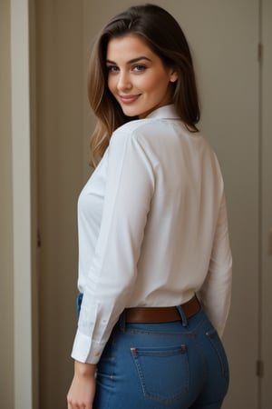 Generate hyper realistic image of a beautiful woman with long, brown hair cascading down. She looks directly at the viewer with a warm smile, showcasing her brown eyes. Dressed in a simple yet stylish ensemble, she wears a white shirt, and her lips curve into a charming smile. The viewer sees her from behind as she looks over her shoulder, accentuating her figure in denim jeans. The photo background adds a touch of authenticity to this casually elegant scene.,Masterpiece,Fap_5!5