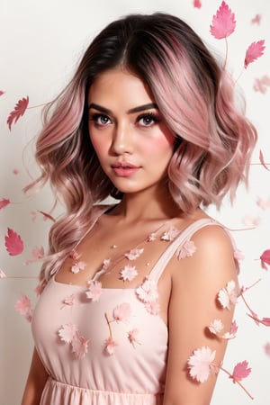 Light pink hair, pink eyes, pink and white, sakura leafs, vivid colors, white dress, paint splash, simple background, ray tracing, wavy hair,Pkar