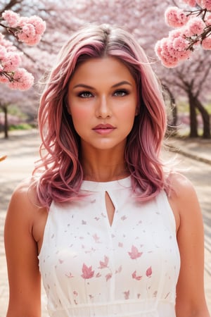 Light pink hair, pink eyes, pink and white, sakura leafs, vivid colors, white dress, paint splash, simple background, ray tracing, wavy hair,Lanny