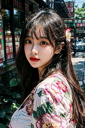  1girl, solo, pretty korean girl,  outdoor, (soulful eyes, radiant complexion, distinctive facial features), Bohemian chic, learge breast, fat butt,kimono, floral print, hair ornament, looking at viewer, hair flower, brown eyes, bangs, masterpiece, best quality, realistic 