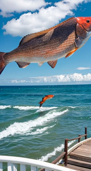 somebody catch a big fish, they are in seaside ,(( focus on fish:1)),((a hand catch the fish:1))