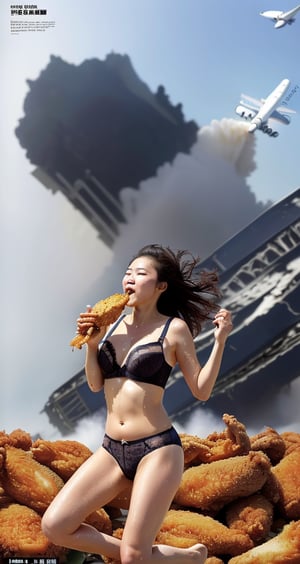 ((masterpiece)),((best quality)), 8k, full body shot, (girl:1),high detailed, ultra-detailed, alternate hair length, sweating,wet,((underwear :1.2)) , lace bra,thong panties, running (( eating fried chicken:1.2)) , biggest breasts, beautiful breasts , plump, ((typhoon is coming:1)),((plane crashing in background:1.5)) , magazine cover 