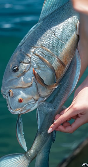 somebody catch a big fish, they are in seaside ,(( focus on fish:1)),((a hand catch the fish:1)),((all fish in shot:1.5)),


(((unparalleled masterpiece))),(photorealistic:1.4), ultra realistic 8k CG, (perfect lighting),


Detailed background,realistic portraits,Depth of field,wide screen,Highly detailed,best quality,extremely detailed CG unity 8k wallpaper,(Realistic:1.4),